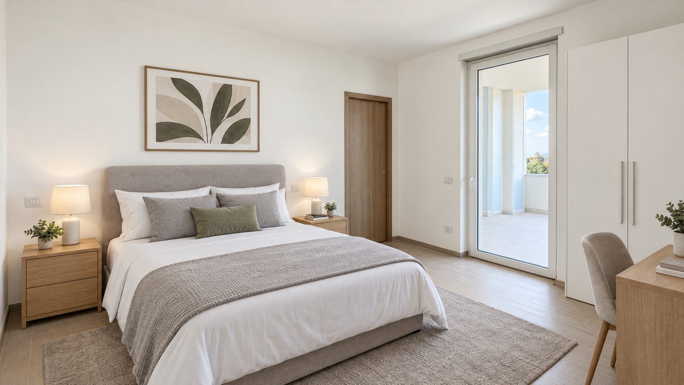 Dopo: la stessa camera con arredo virtuale, un letto matrimoniale con testiera grigia, due comodini in legno con lampade, un tappeto, un quadro, un armadio bianco e una scrivania con sedia.