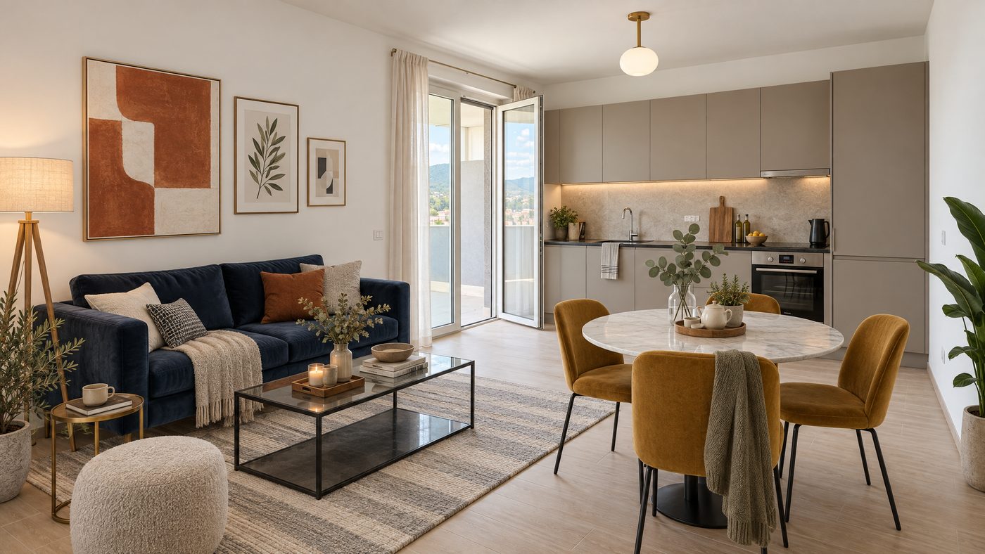 Dopo: lo stesso ambiente con la cucina in linea montata sulla parete degli attacchi, un tavolo tondo in marmo con sedie in velluto ocra, un divano blu con tavolino in vetro, quadri e piante; la portafinestra resta libera.