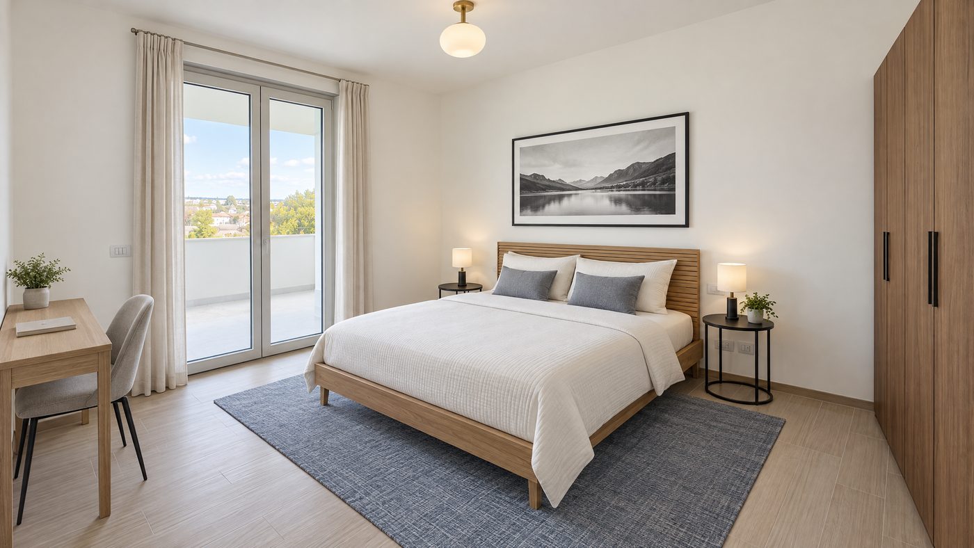 Camera da letto arredata in modo semplice: letto rifatto, due cuscini, comodini con una lampada.