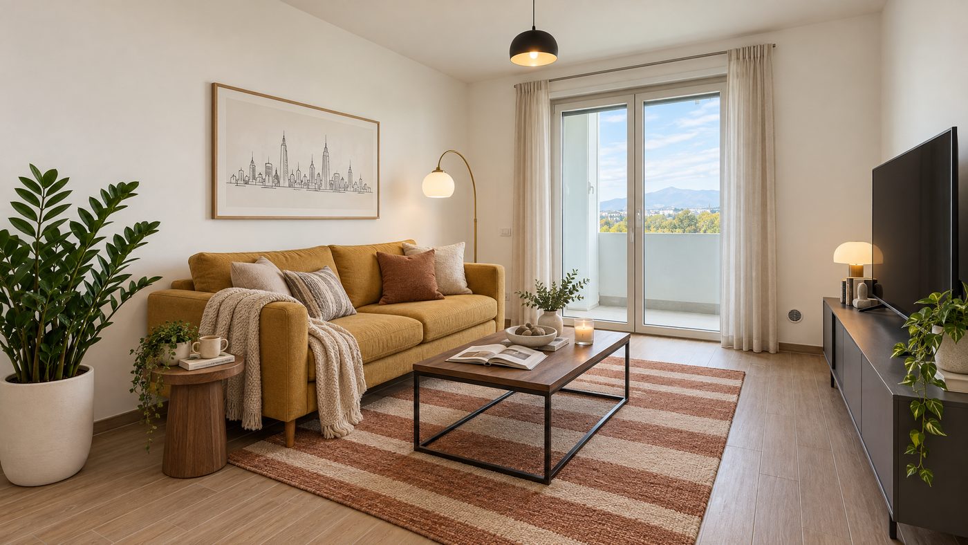 Dopo: lo stesso soggiorno con arredo virtuale, un divano ocra con plaid e cuscini, un tavolino in legno e metallo su un tappeto a righe, una lampada ad arco, un quadro, piante e il mobile della TV; la portafinestra resta libera.